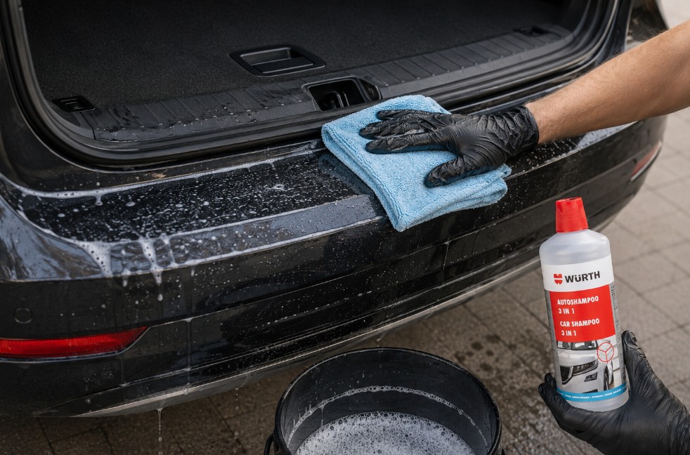 Lackschutzfolie reinigen und pflegen: Fahrzeug schonend waschen mit pH-neutralem Reinigungsmittel und Mikrofasertuch