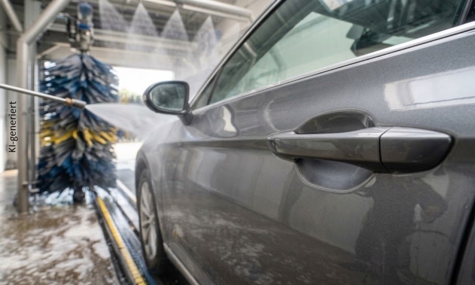 Foliertes Auto waschen: Fahrzeug mit Lackschutzfolie an Ladekante und Einstiegsleisten in der Waschstraße