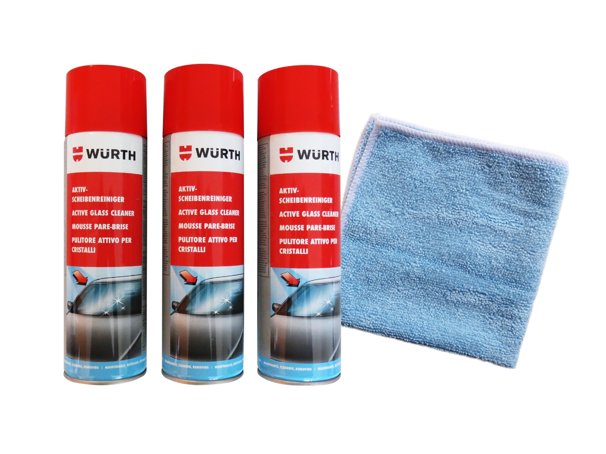 3 x WÜRTH - Aktiv-Scheibenreiniger+ 1 Microfasertuch Classic Gratis